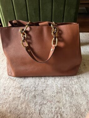 Michael Kors Chestnut Leather Tote with Gold Chain-Link Handles
